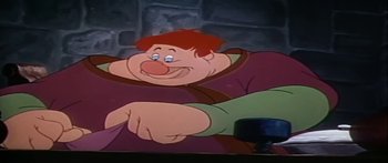 Movie still from “Mickey and the Beanstalk” (1947), directed by Hamilton Luske – A cartoon character with a red beard; Medium shot, High angle