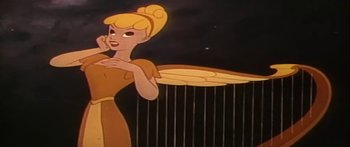 Movie still from “Mickey and the Beanstalk” (1947), directed by Hamilton Luske – A tinkerbell cartoon character; Medium shot, Low angle