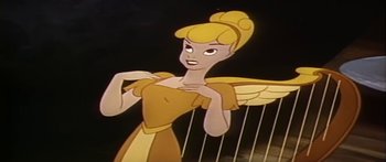 Movie still from “Mickey and the Beanstalk” (1947), directed by Hamilton Luske – A picture of tinkerbell from the disney cartoon; Medium shot, Low angle