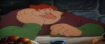 Movie still from “Mickey and the Beanstalk” (1947), directed by Hamilton Luske – An animated picture of a man with red hair and a red beard; Close Up shot, High angle