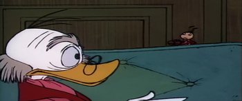 Movie still from “Mickey and the Beanstalk” (1947), directed by Hamilton Luske – A cartoon character with a duck's head; Extreme Close Up shot, High angle