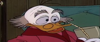 Movie still from “Mickey and the Beanstalk” (1947), directed by Hamilton Luske – A cartoon character with a duck face; Extreme Close Up shot, High angle