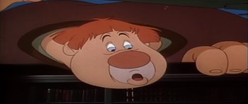 Movie still from “Mickey and the Beanstalk” (1947), directed by Hamilton Luske – The face of a cartoon character; Close Up shot, Low angle