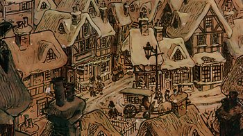 Movie still from “Mickey's Christmas Carol” (1983), directed by Burny Mattinson – An artistic drawing of an old fashioned town; Extreme Wide shot, High angle