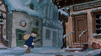 Movie still from “Mickey's Christmas Carol” (1983), directed by Burny Mattinson – A painting of scrooge mcduck walking in the snow; Wide shot, Low angle