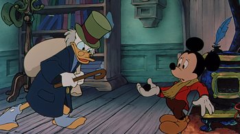 Movie still from “Mickey's Christmas Carol” (1983), directed by Burny Mattinson – A cartoon of scrooge mcduck and mickey mouse; Medium shot, Over the shoulder angle