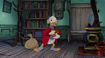 Movie still from “Mickey's Christmas Carol” (1983), directed by Burny Mattinson – A painting of scrooge mcduck holding a cat; Wide shot, High angle