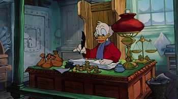 Movie still from “Mickey's Christmas Carol” (1983), directed by Burny Mattinson – A painting of scrooge mcduck sitting at a desk; Medium shot, High angle