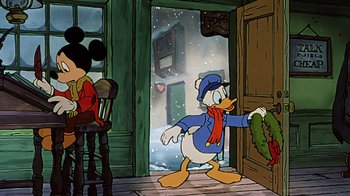 Movie still from “Mickey's Christmas Carol” (1983), directed by Burny Mattinson – A cartoon of scrooge mcduck holding a christmas wreath; Wide shot, Over the shoulder angle