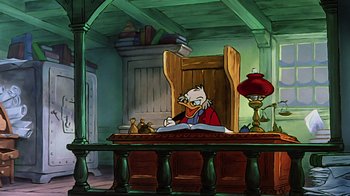 Movie still from “Mickey's Christmas Carol” (1983), directed by Burny Mattinson – A painting of scrooge mcduck sitting at a desk; Wide shot, High angle