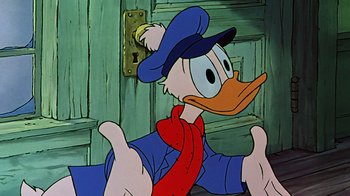 Movie still from “Mickey's Christmas Carol” (1983), directed by Burny Mattinson – A painting of donald duck in front of a green door; Close Up shot, Low angle