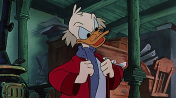 Movie still from “Mickey's Christmas Carol” (1983), directed by Burny Mattinson – A cartoon character wearing a red jacket; Close Up shot, Low angle