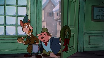 Movie still from “Mickey's Christmas Carol” (1983), directed by Burny Mattinson – A couple of people that are standing in a room; Medium shot, Low angle