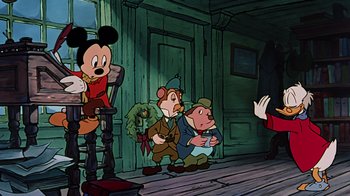 Movie still from “Mickey's Christmas Carol” (1983), directed by Burny Mattinson – A group of people standing next to each other on a porch; Medium shot, Over the shoulder angle