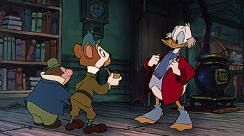 Movie still from “Mickey's Christmas Carol” (1983), directed by Burny Mattinson – A group of cartoon characters standing next to each other on a street; Medium shot, Over the shoulder angle