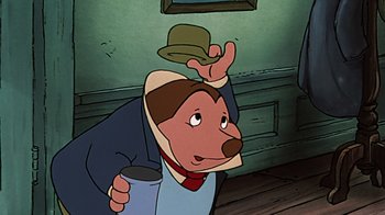Movie still from “Mickey's Christmas Carol” (1983), directed by Burny Mattinson – A cartoon of a dog wearing a hat and holding a cup; Close Up shot, Low angle
