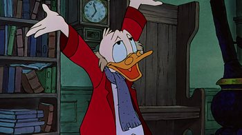 Movie still from “Mickey's Christmas Carol” (1983), directed by Burny Mattinson – A cartoon character with his arms in the air; Medium shot, Low angle