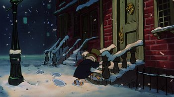 Movie still from “Mickey's Christmas Carol” (1983), directed by Burny Mattinson – A painting of scrooge mcduck in the snow; Wide shot, High angle