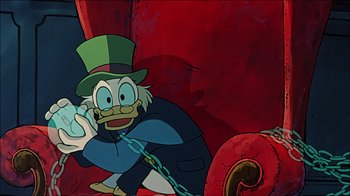 Movie still from “Mickey's Christmas Carol” (1983), directed by Burny Mattinson – A painting of scrooge mcduck chained to a chair; Medium shot, High angle