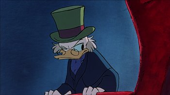 Movie still from “Mickey's Christmas Carol” (1983), directed by Burny Mattinson – A drawing of scrooge mcduck wearing a top hat; Close Up shot, Low angle