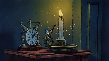 Movie still from “Mickey's Christmas Carol” (1983), directed by Burny Mattinson – An old clock and a candle in a candle holder; Wide shot, High angle