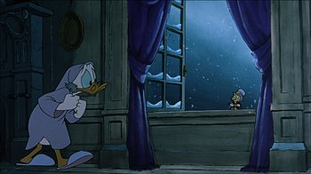 Movie still from “Mickey's Christmas Carol” (1983), directed by Burny Mattinson – A scene from a cartoon with a duck and a mouse; Wide shot, Low angle