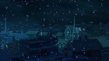 Movie still from “Mickey's Christmas Carol” (1983), directed by Burny Mattinson – An oil painting of a town at night with snow falling; Extreme Wide shot, Low angle