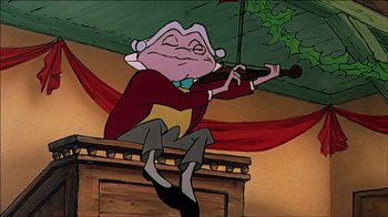 Movie still from “Mickey's Christmas Carol” (1983), directed by Burny Mattinson – An old man playing a violin in a cartoon; Medium shot, Low angle
