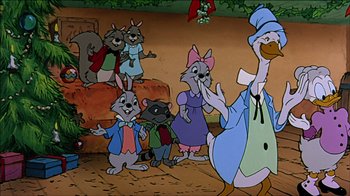 Movie still from “Mickey's Christmas Carol” (1983), directed by Burny Mattinson – A group of cartoon characters standing in front of an animal; Medium shot, High angle