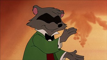 Movie still from “Mickey's Christmas Carol” (1983), directed by Burny Mattinson – A cartoon of a raccoon wearing a suit and tie; Close Up shot, Low angle