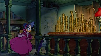 Movie still from “Mickey's Christmas Carol” (1983), directed by Burny Mattinson – A cartoon of scrooge mcduck looking at stacks of gold coins; Wide shot, High angle