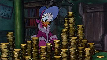 Movie still from “Mickey's Christmas Carol” (1983), directed by Burny Mattinson – Stacks of gold coins in front of a cartoon character; Medium shot, High angle