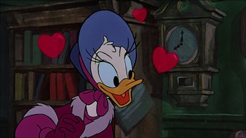 Movie still from “Mickey's Christmas Carol” (1983), directed by Burny Mattinson – A painting of a cartoon duck with hearts in the background; Close Up shot, Over the shoulder angle