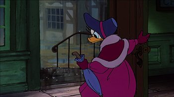 Movie still from “Mickey's Christmas Carol” (1983), directed by Burny Mattinson – A cartoon of a duck wearing a purple outfit and holding something in its mouth; Wide shot, Low angle