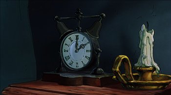 Movie still from “Mickey's Christmas Carol” (1983), directed by Burny Mattinson – An old clock sitting on top of a wooden table; Extreme Close Up shot, High angle