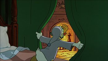 Movie still from “Mickey's Christmas Carol” (1983), directed by Burny Mattinson – A cartoon of a person opening a curtain; Wide shot, Low angle