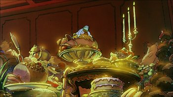 Movie still from “Mickey's Christmas Carol” (1983), directed by Burny Mattinson – A cartoon of a person sitting in a bowl on top of a table; Wide shot, High angle