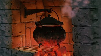 Movie still from “Mickey's Christmas Carol” (1983), directed by Burny Mattinson – A pot sitting on top of a fire pit; Extreme Close Up shot, Low angle