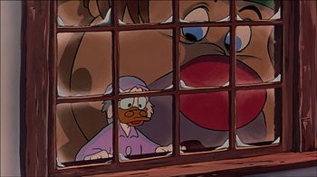 Movie still from “Mickey's Christmas Carol” (1983), directed by Burny Mattinson – A painting of a dog looking out of a window; Extreme Close Up shot, Low angle