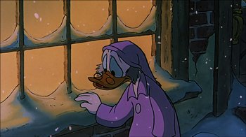 Movie still from “Mickey's Christmas Carol” (1983), directed by Burny Mattinson – A cartoon of scrooge mcduck in front of a window; Medium shot, Low angle