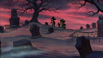 Movie still from “Mickey's Christmas Carol” (1983), directed by Burny Mattinson – A group of people standing next to a tree in a graveyard; Extreme Wide shot, Low angle