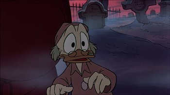 Movie still from “Mickey's Christmas Carol” (1983), directed by Burny Mattinson – A cartoon character with a cemetery in the background; Close Up shot, High angle