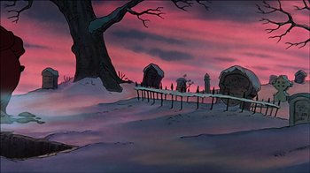 Movie still from “Mickey's Christmas Carol” (1983), directed by Burny Mattinson – A painting of tombstones in the snow at dusk; Extreme Wide shot, Low angle