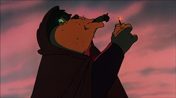 Movie still from “Mickey's Christmas Carol” (1983), directed by Burny Mattinson – A cartoon character holding a lit match in his mouth; Close Up shot, Low angle