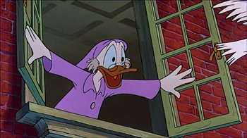 Movie still from “Mickey's Christmas Carol” (1983), directed by Burny Mattinson – A cartoon character with his arms outstreched; Medium shot, Low angle