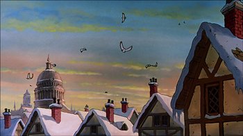 Movie still from “Mickey's Christmas Carol” (1983), directed by Burny Mattinson – A painting of birds flying in the sky over a snowy roofed town; Extreme Wide shot, Low angle
