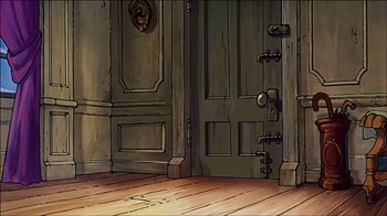 Movie still from “Mickey's Christmas Carol” (1983), directed by Burny Mattinson – An illustration of an open door with a clock on the wall; Wide shot, High angle