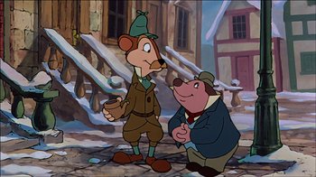 Movie still from “Mickey's Christmas Carol” (1983), directed by Burny Mattinson – A couple of animals that are standing in the dirt; Medium shot, High angle