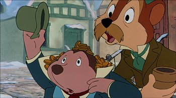 Movie still from “Mickey's Christmas Carol” (1983), directed by Burny Mattinson – Two cartoon characters one of which is holding a hat and the other is holding a hair brush; Close Up shot, Low angle