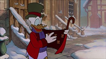 Movie still from “Mickey's Christmas Carol” (1983), directed by Burny Mattinson – Scrooge mcduck holding an umbrella in front of a building; Medium shot, Low angle